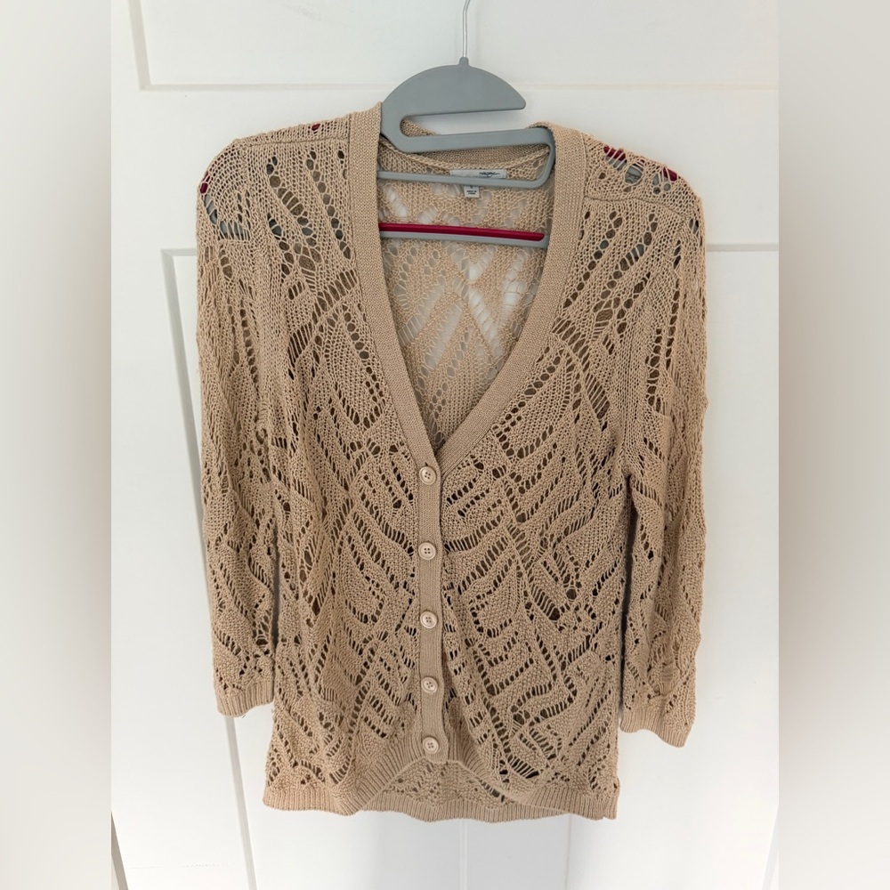 Halogen Crochet Knit Cardigan Beige Button Front Boho Sweater S
